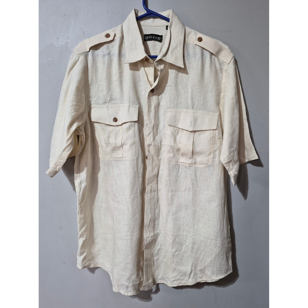 Orvis Mens Safari Shirt Medium Cream Beige 100% Linen Short Sleeve Epaulette M